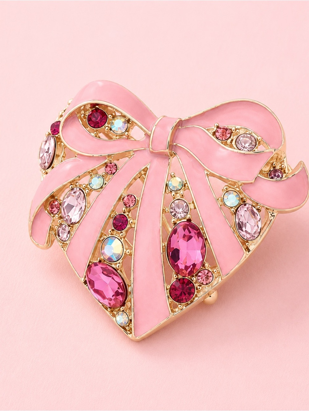 Pink Heart Crystal Ribbon Brooch